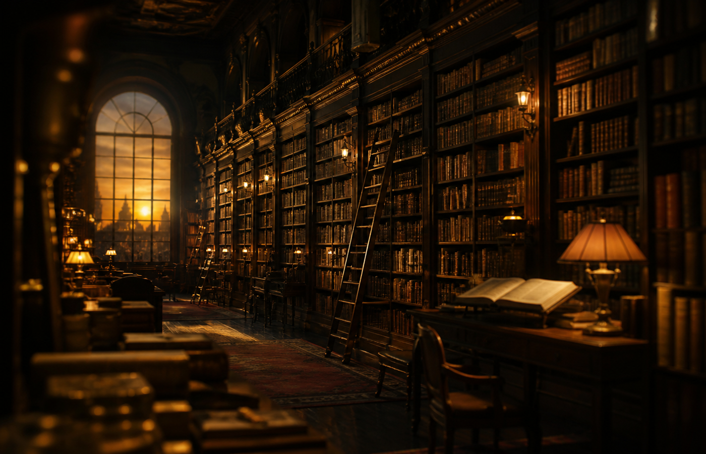 Biblioteca com estantes de madeira iluminadas por luz dourada ao anoitecer